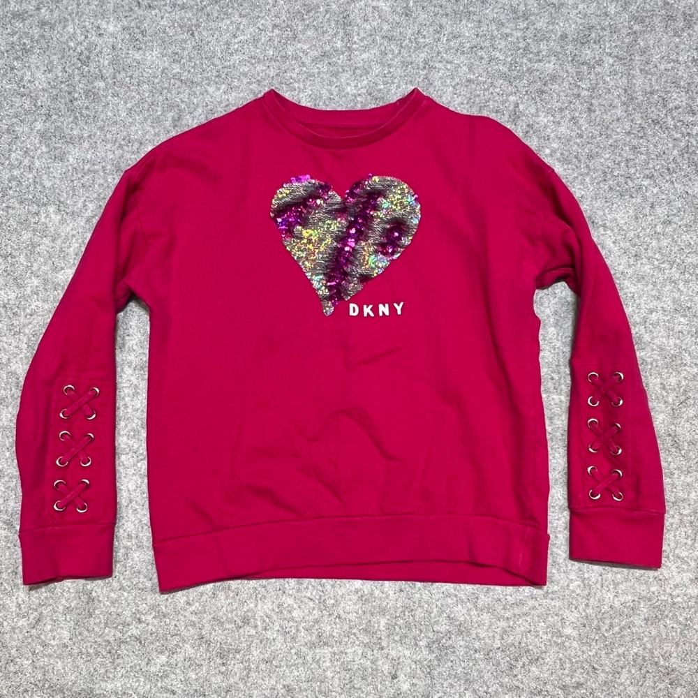 DKNY Girls Pink Sequin Heart Sweatshirt Lace Up Sleeves Youth XL 14-16 Cotton